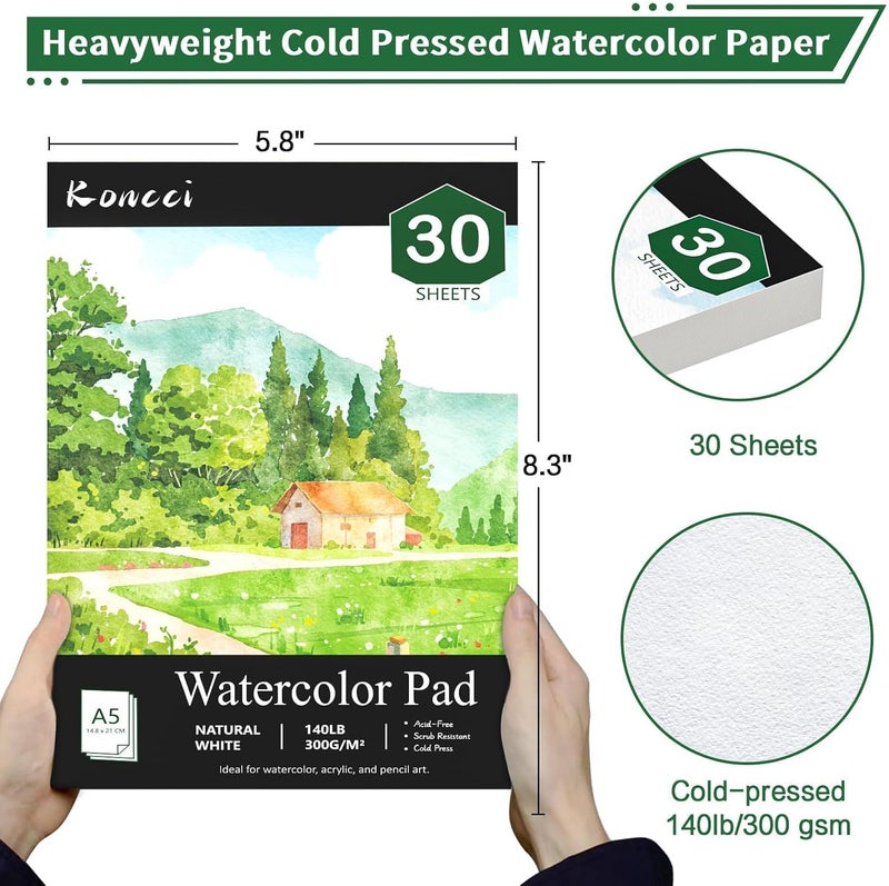 KORCCI Watercolor Paper Pad 5.8"x8.3"-A5, 30 Sheets Watercolor Sketchbook, 140lb/300gsm, Glue Bound, Natural White, Cold Press & Acid-Free Watercolor Notebook for Beginner Students - Image 2